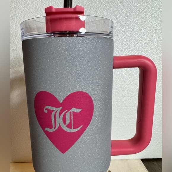 Juicy Couture Sparkly Glitter Gray & Hot Pink Tumbler with Straw Topper 40oz - Picture 3 of 5